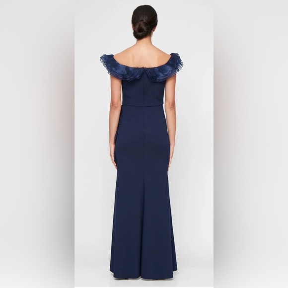 Alex Evenings Long Stretch Crepe Off Shoulder Dress Organza Ruffle Neckline NWOT - Picture 2 of 8